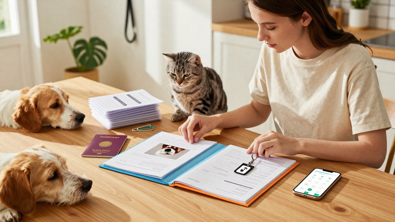 Woman organising pet documents at table with cat, two dogs, dog passports, and smartphone nearby.