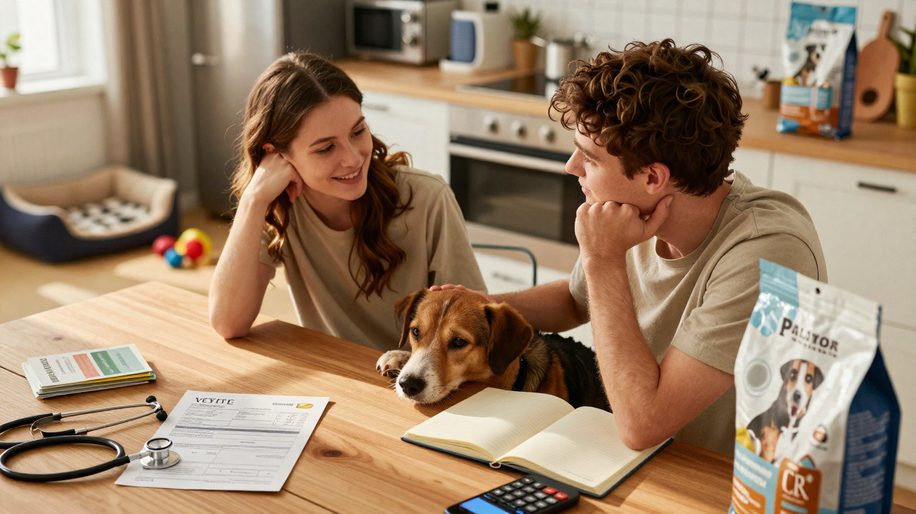 Young couple sitting at a kitchen table with their dog, vet documents, and pet food visible.