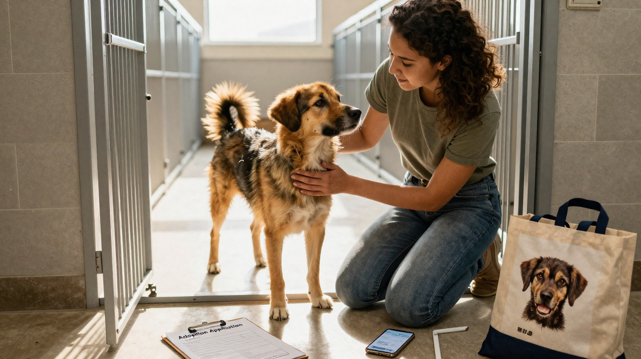 Woman kneeling and gently petting a medium-sized dog inside an animal shelter kennel with adoption forms nearby.