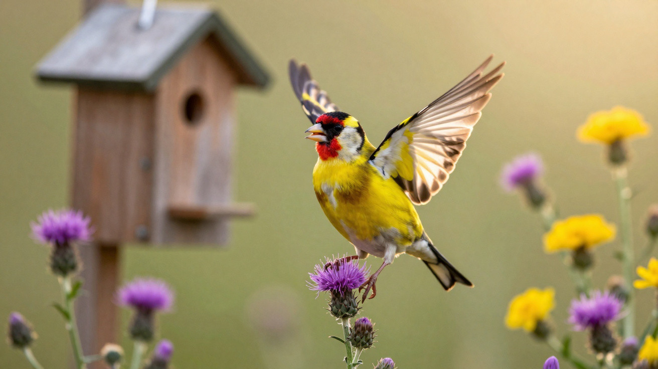 European goldfinch with wings spread landing on purple thistle near wooden birdhouse and yellow flowers