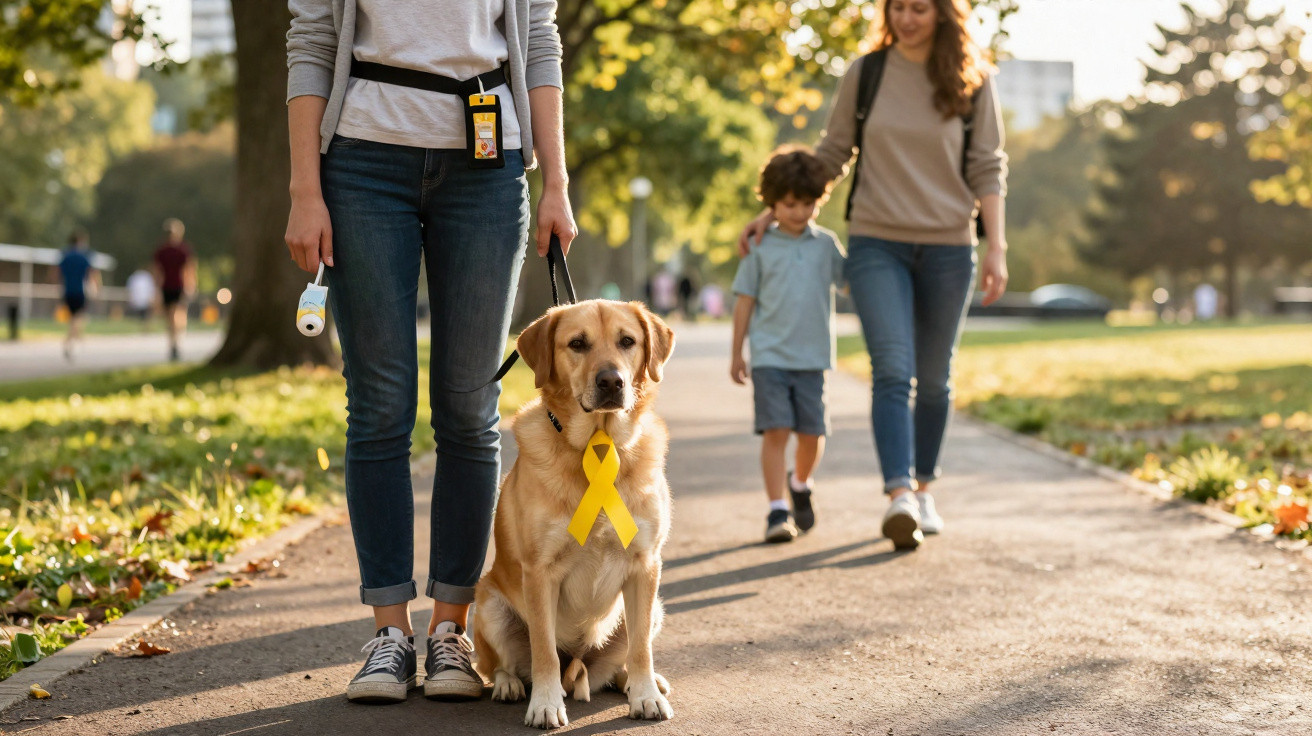 Guide dog with yellow awareness ribbon sitting beside a person on a park path, a woman and child walking behind.
