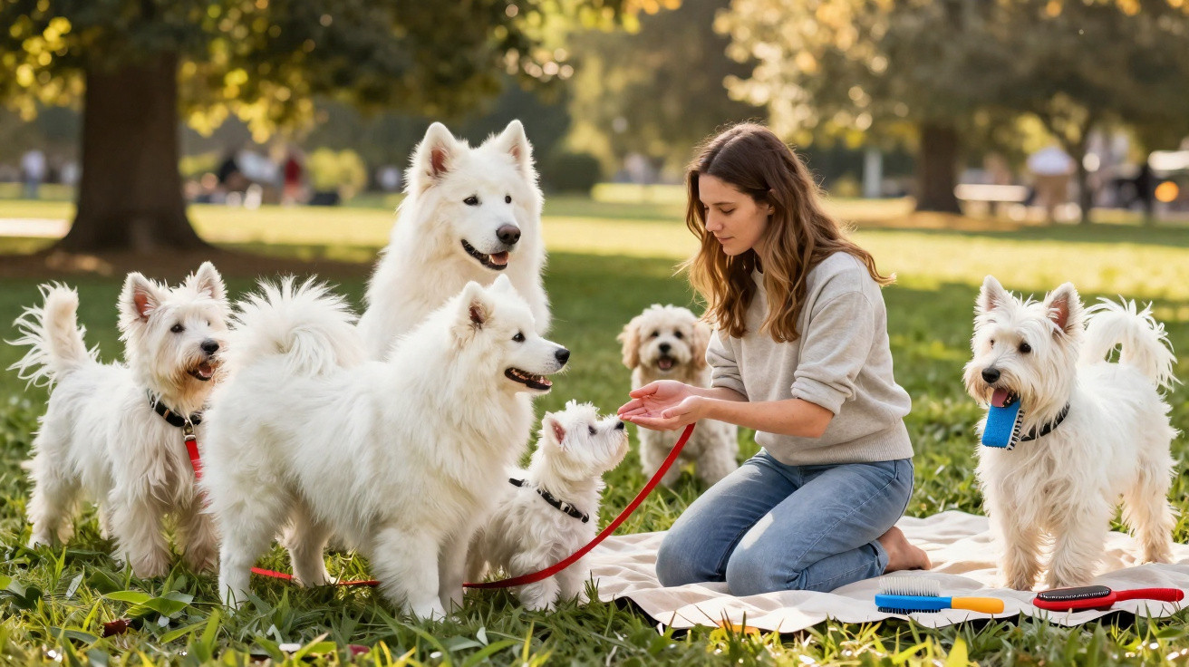 Woman kneeling on a blanket in a park surrounded by five white dogs of various breeds on a sunny day