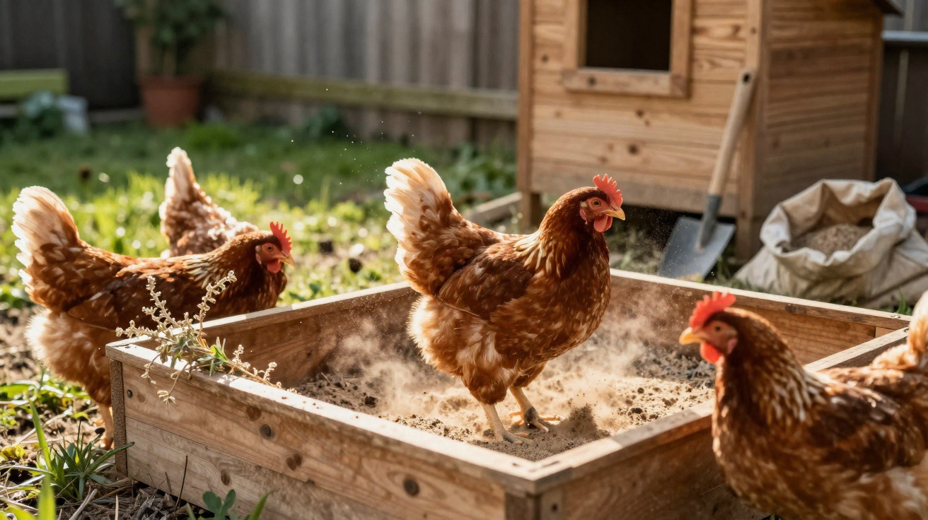 Brown chickens dust bathing inside a wooden enclosure in a sunny garden near a coop.