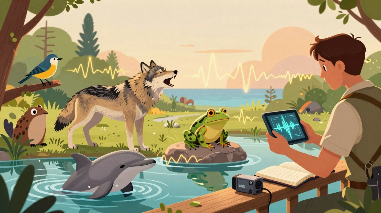 Person recording animal sounds by a pond with a wolf, frog, dolphin, birds, and a recording device.
