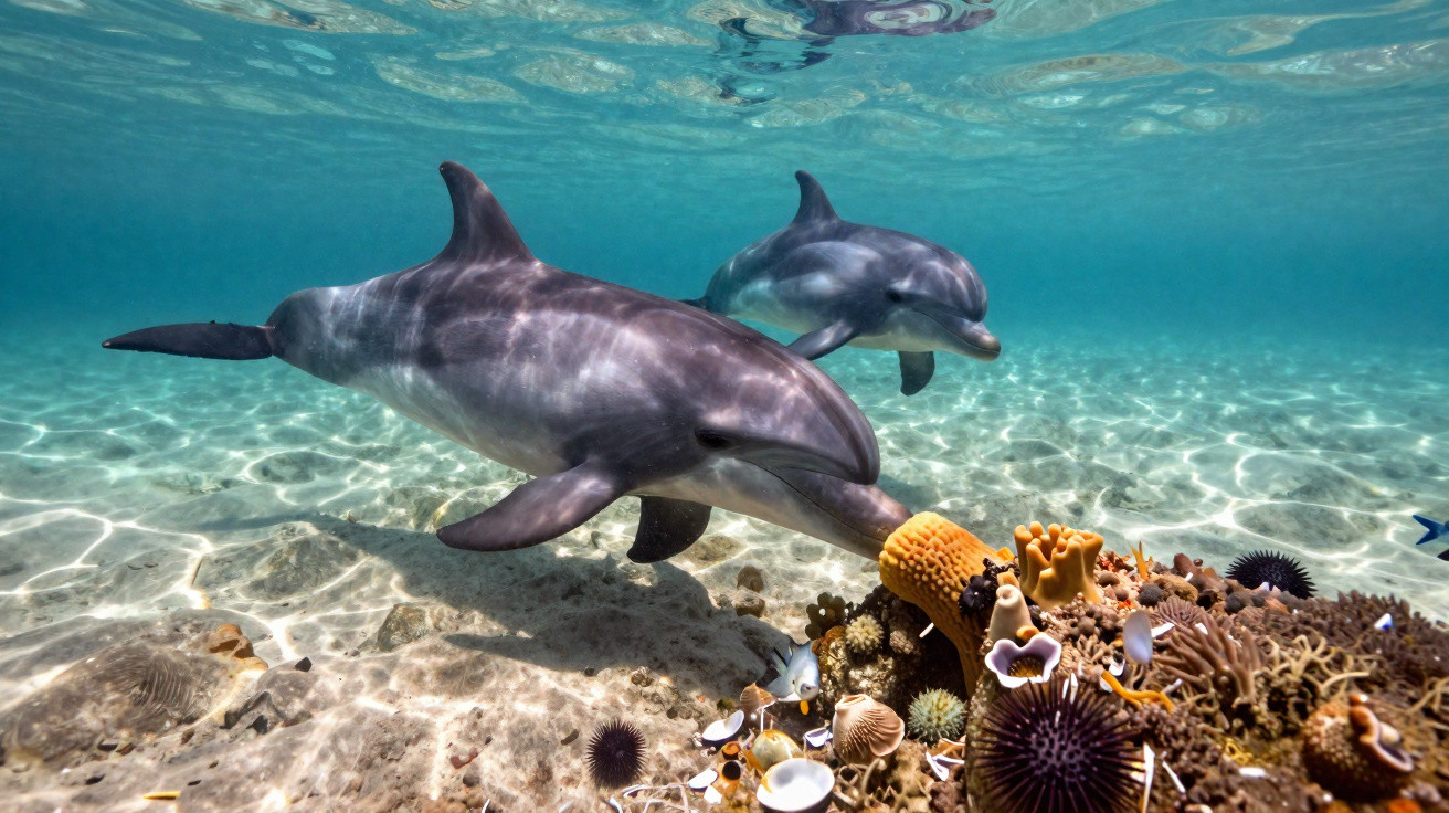Two dolphins swimming near colourful coral and marine life in clear shallow water.