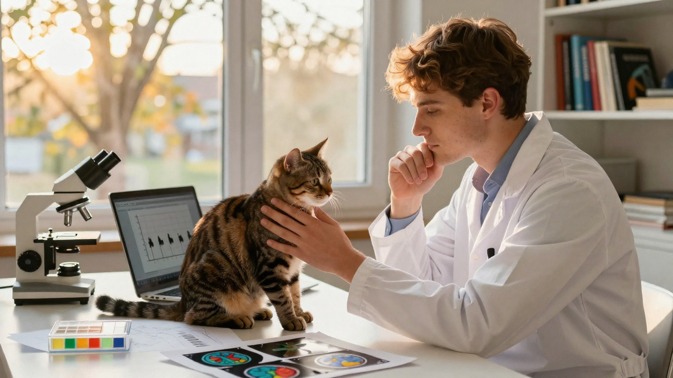 Young male scientist in lab coat examining a tabby cat on a desk with microscope and laptop.