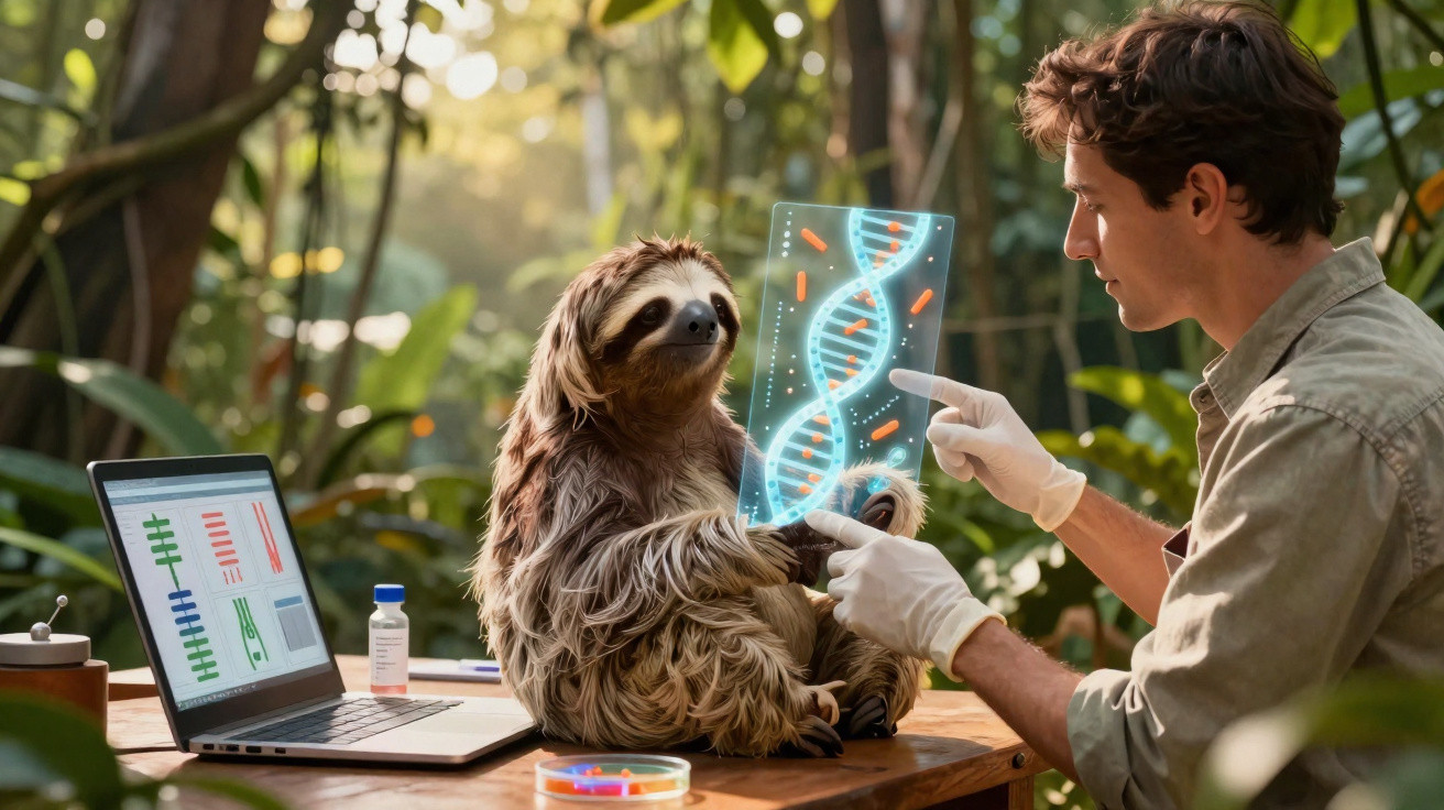 Scientist in gloves examining a holographic DNA strand with a sloth in a forest setting.