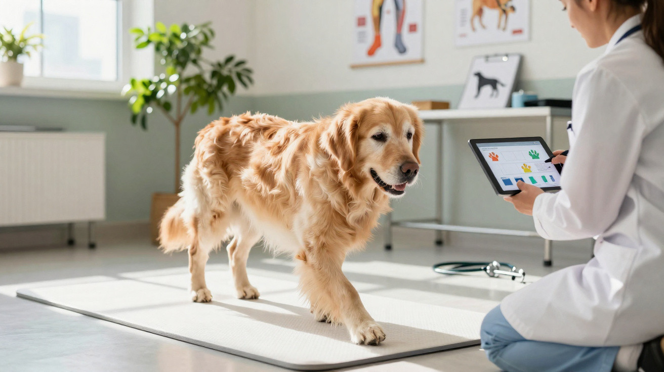 Golden retriever walking on a mat during a veterinary check-up with a vet using a tablet.