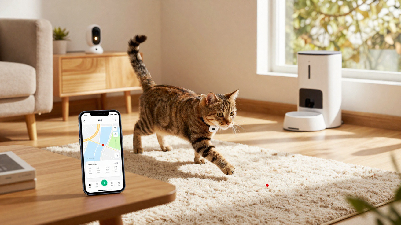 Tabby cat wearing a tracking collar walks on a rug in a living room with a phone showing a pet tracking app.