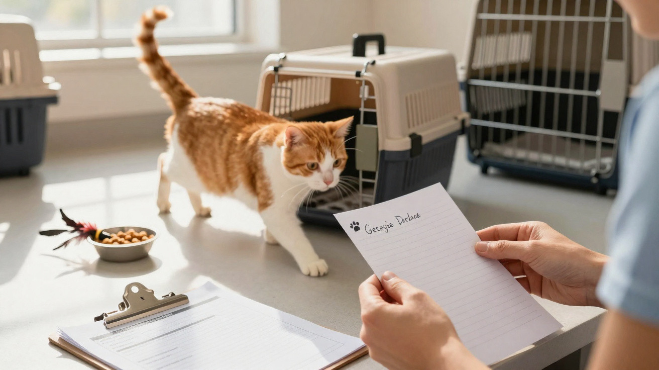 Orange and white cat walking on a table towards a person holding a sheet of paper in a veterinary clinic.