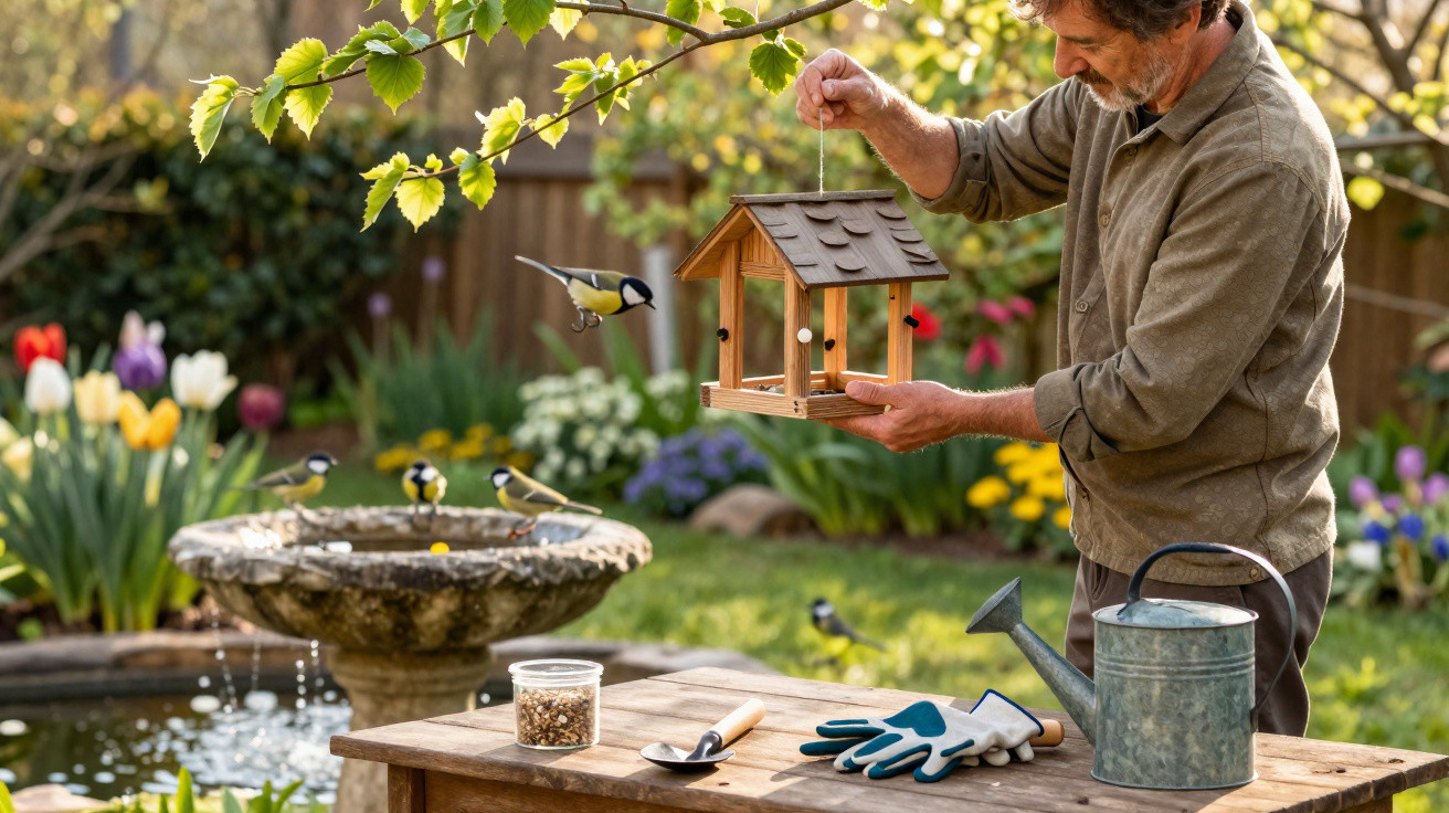 Man holding a wooden bird feeder with great tits flying nearby in a colourful spring garden.