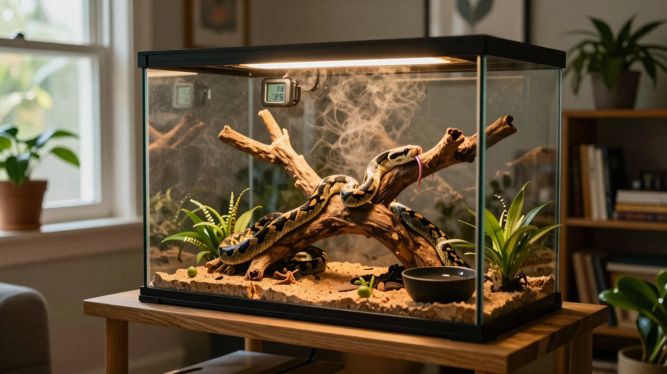 Glass terrarium with a ball python coiled on driftwood, plants, sand substrate, and a water bowl on a wooden table.