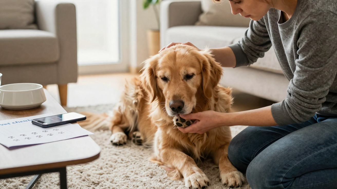 Person examining a Golden Retriever's paw in a living room with a vet checklist on the table nearby.