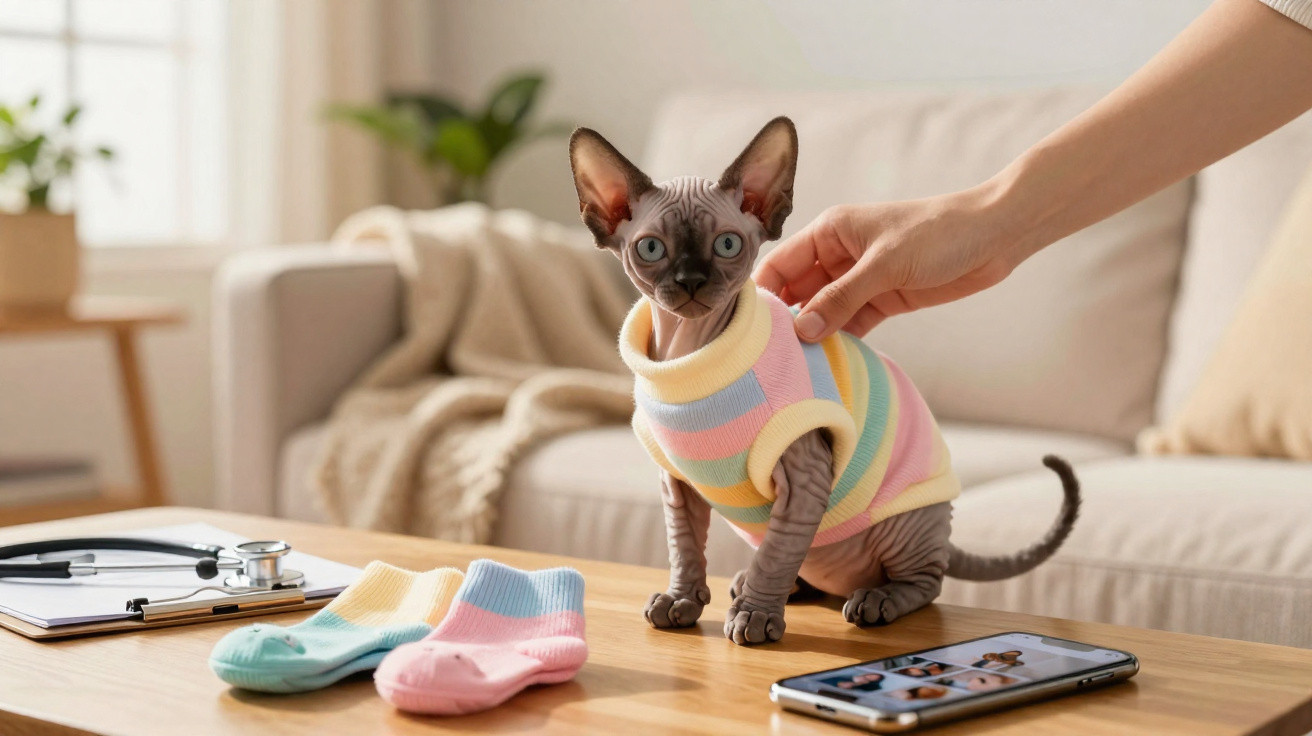 Sphynx cat wearing a colourful striped sweater sitting on a table with a smartphone and socks nearby.