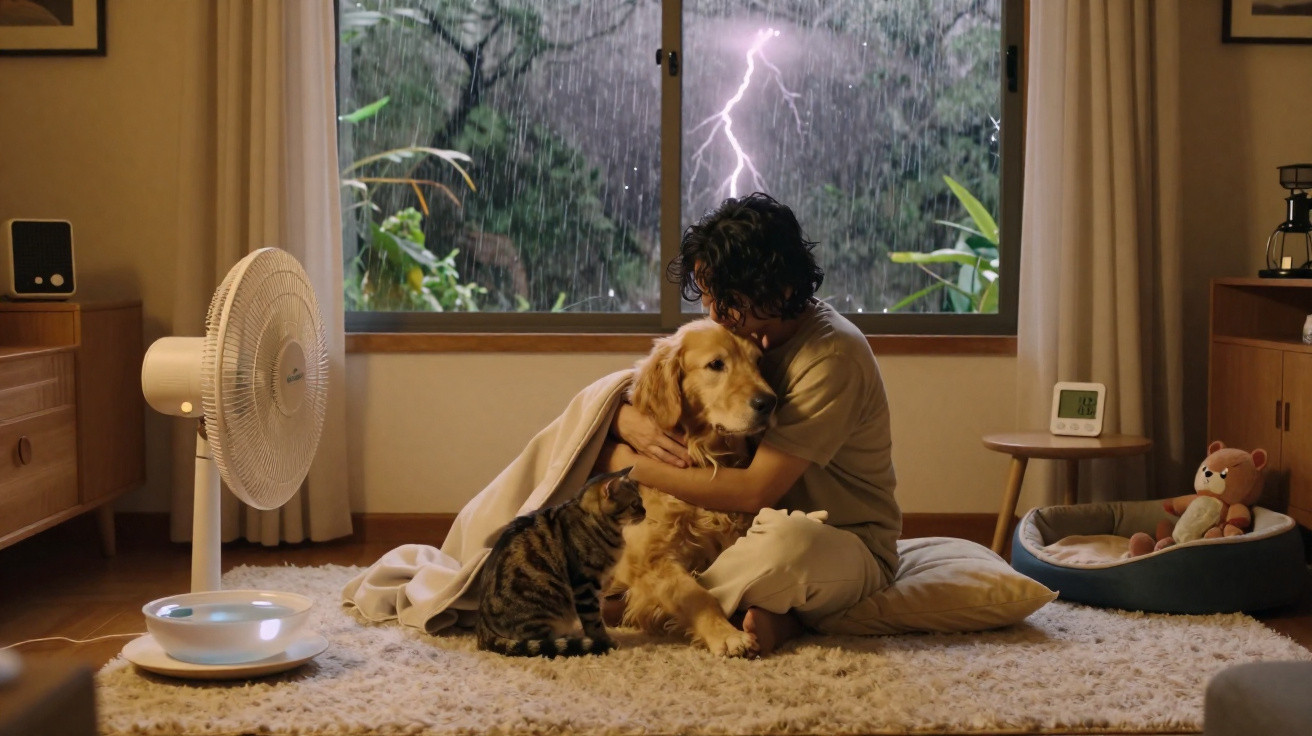 Person cuddling a golden retriever and tabby cat indoors during a thunderstorm seen through the window.