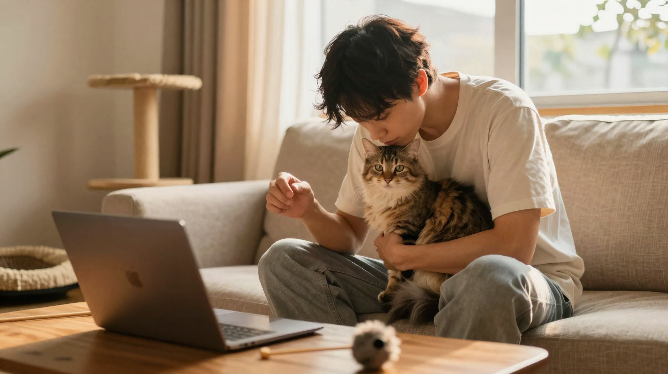 Young man sitting on a sofa holding a tabby cat, with a laptop and cat toys on the table in a bright living room.