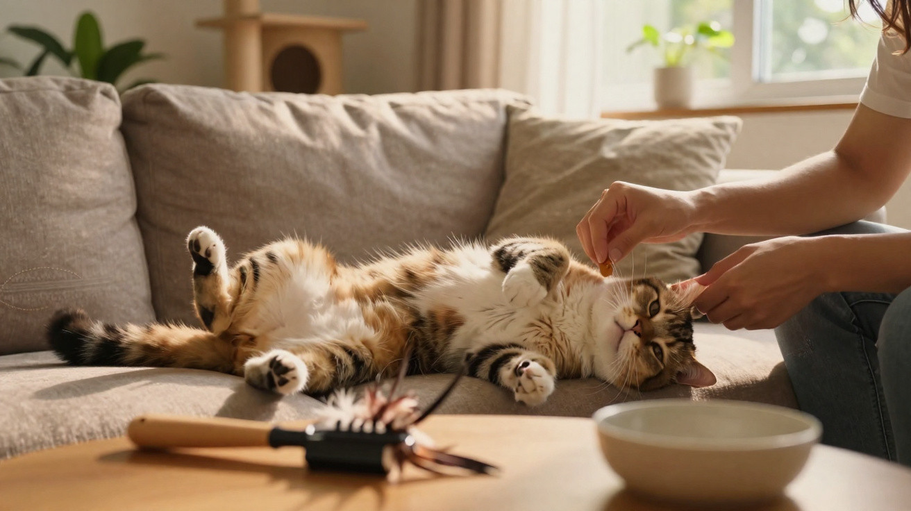 Tabby cat lying on back on sofa being gently scratched by person’s hand in bright living room.