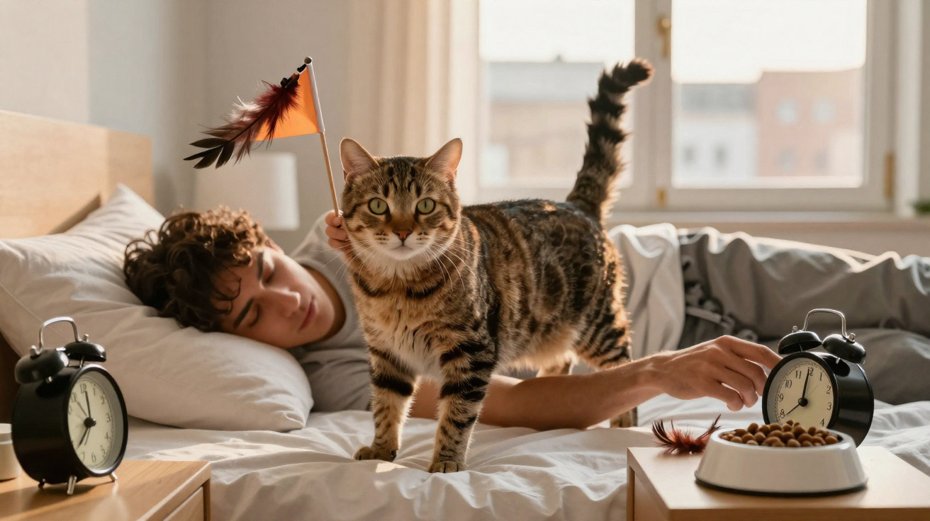 Tabby cat holding a feather toy on a bed while a person reaches for an alarm clock beside a bowl of cat food.