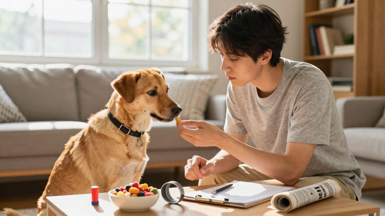 Young man feeding a treat to a golden dog in a bright living room with a bowl of snacks on the table.
