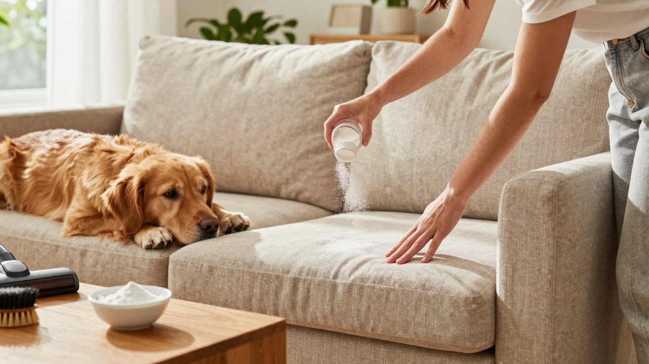 Person sprinkling baking soda on beige sofa with golden retriever lying beside them indoors.