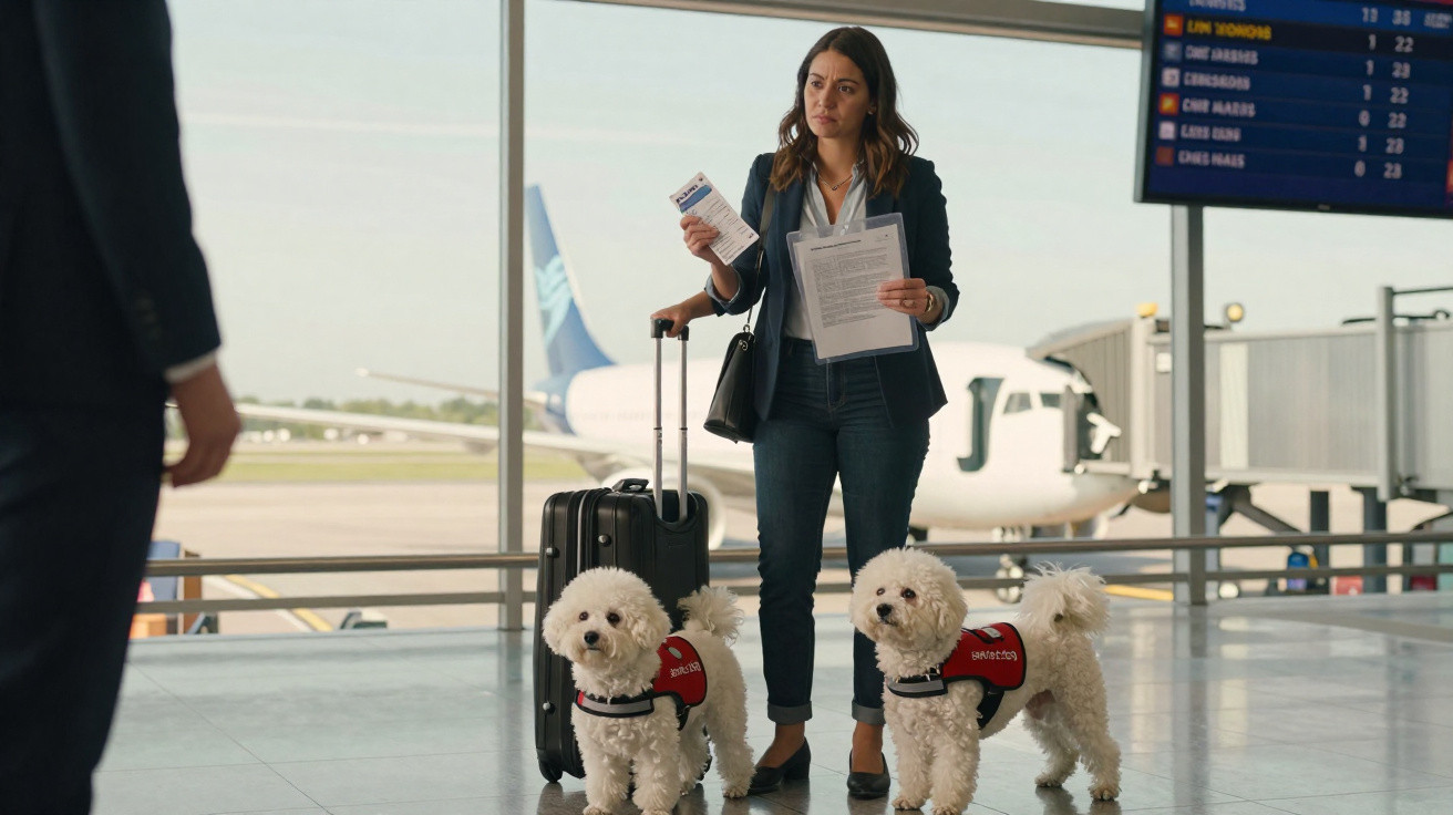 Woman with luggage and two small white service dogs at an airport terminal with a plane in the background.
