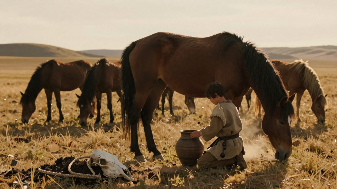 A boy in rustic clothing kneels near a horse drinking from a jar in a dry grassland with several horses grazing nearby.