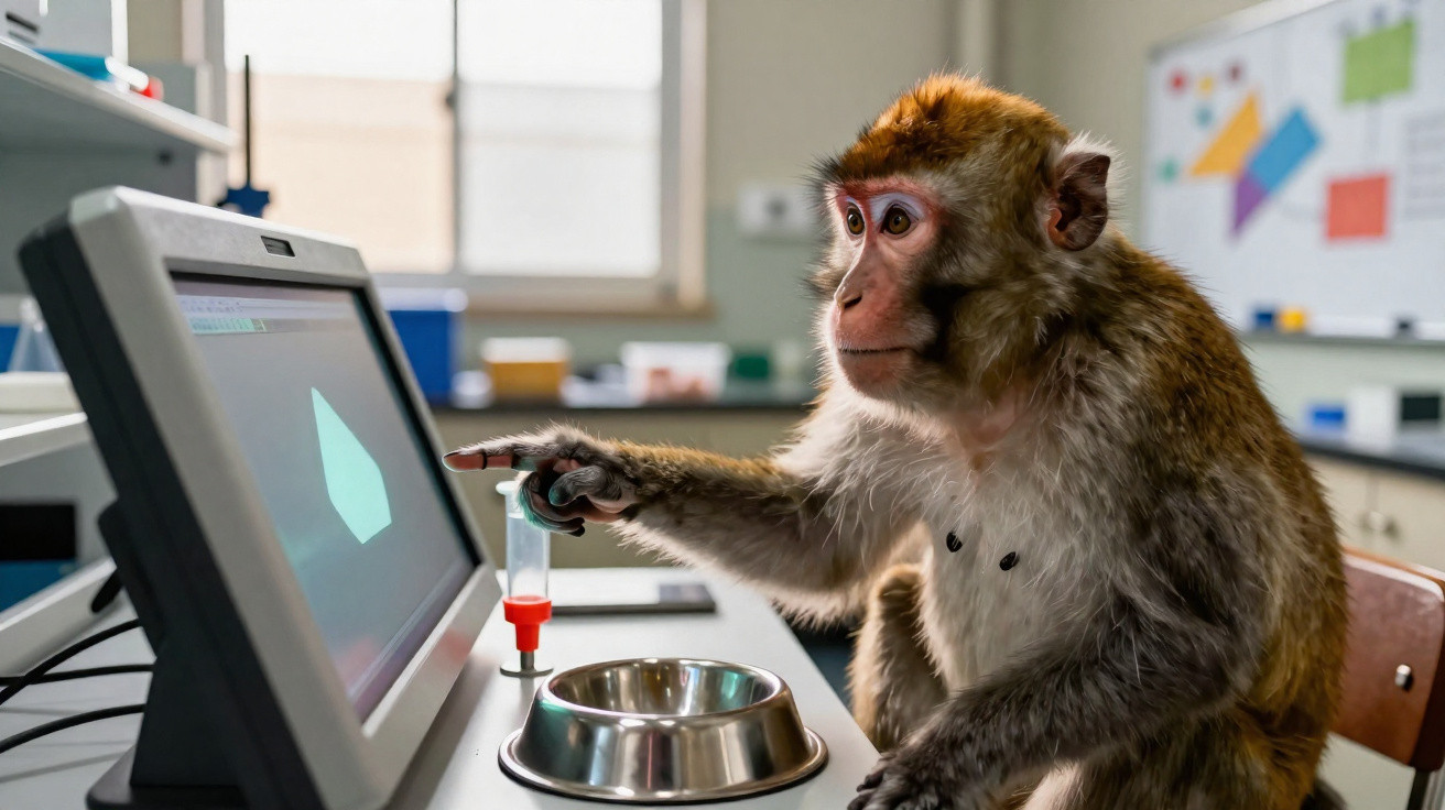 Monkey interacting with a touchscreen device in a laboratory setting with a metal bowl on the table.