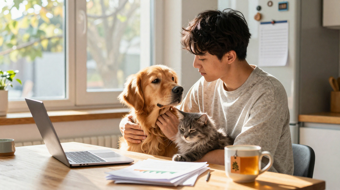 Young man sitting at a table with a laptop, holding a golden retriever and a grey cat in a bright kitchen.