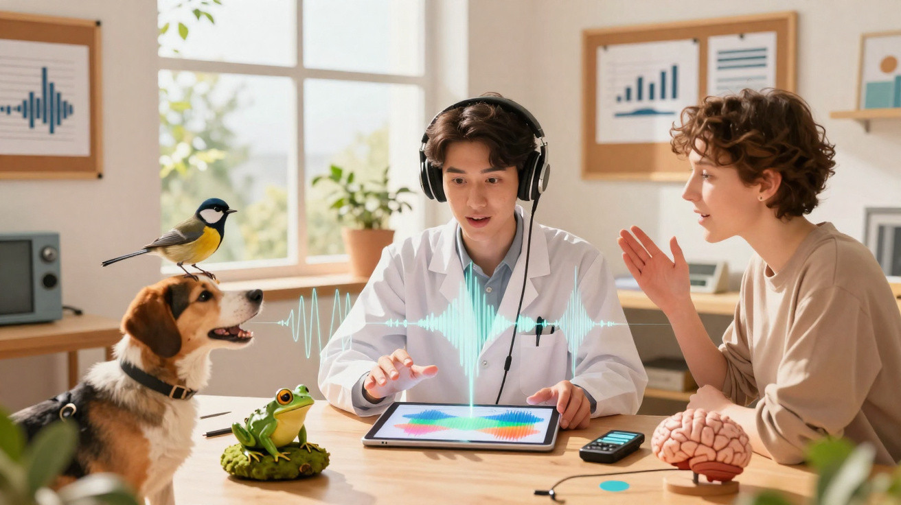Scientist with headphones showing sound waves on a tablet to a woman, dog, bird, and toy frog in a lab.