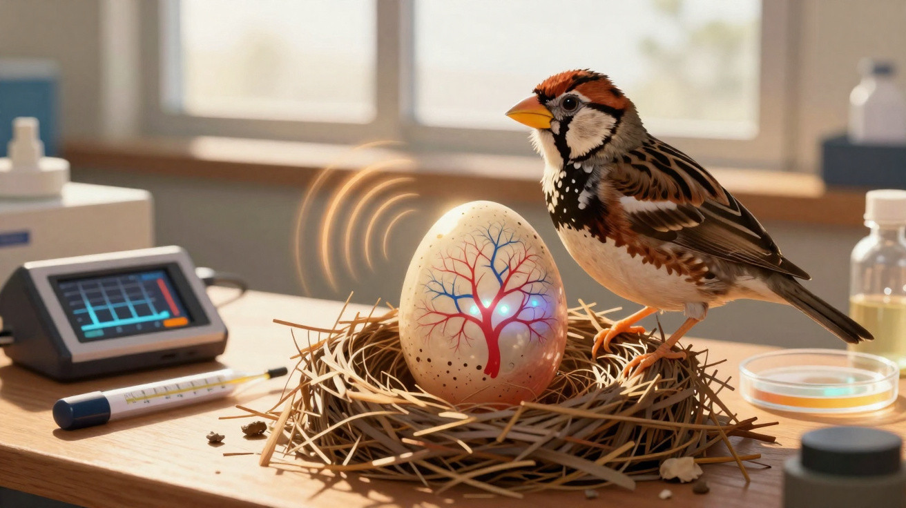 A bird perched on a nest with a glowing egg displaying a branching tree design on a laboratory table.