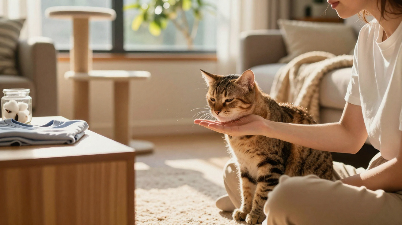 A person gently feeding a tabby cat indoors in a sunlit, cozy living room setting.