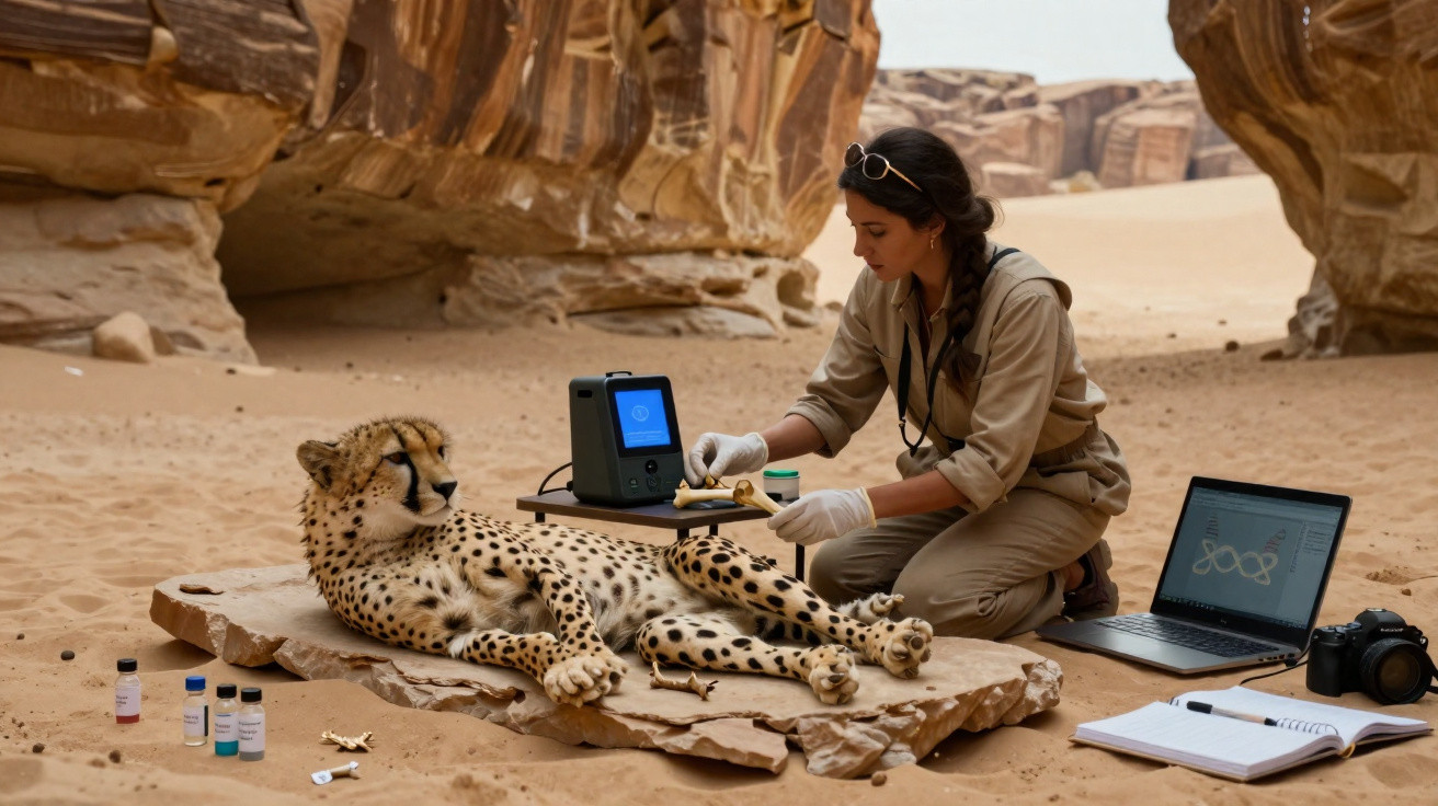 Wildlife researcher examines a cheetah resting on a rock in a desert canyon with scientific equipment nearby.