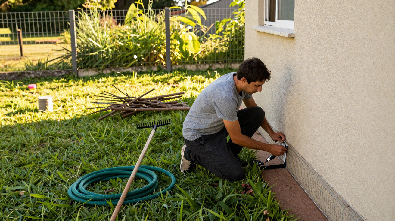 Man kneeling and attaching wire mesh to the exterior wall of a house in a garden.