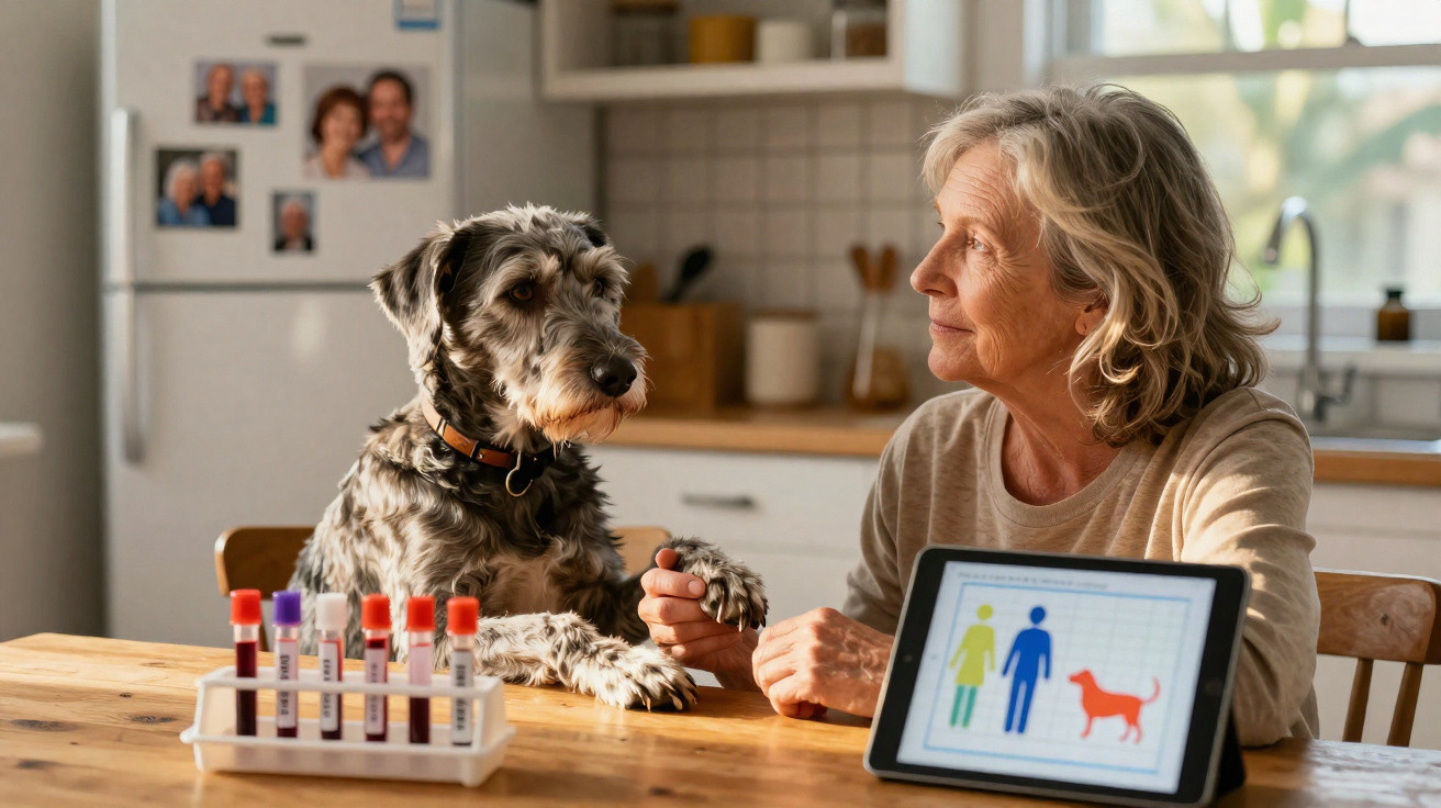 Elderly woman holding a dog’s paw at a table with blood test tubes and a tablet displaying people and dog icons.