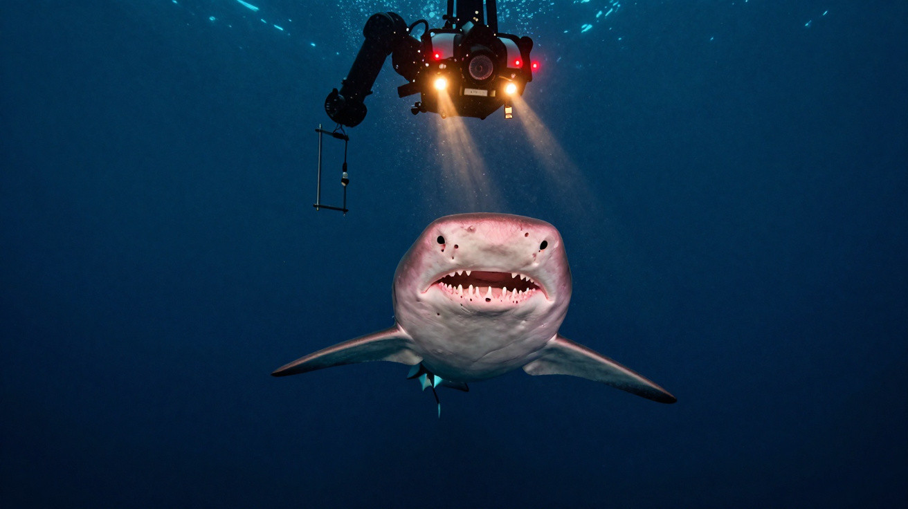 Underwater robot with lights illuminates a shark with open mouth in deep blue ocean.