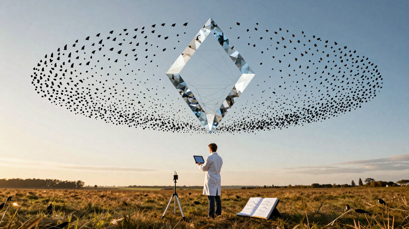 Scientist in lab coat controls a hovering mirrored diamond surrounded by a swirling flock of birds over a grass field.