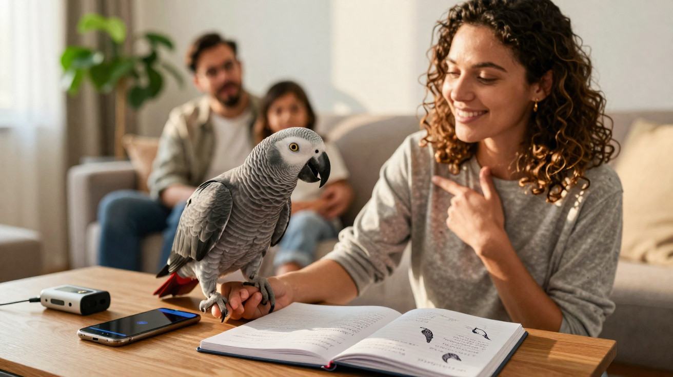 Woman pointing at an African grey parrot perched on her hand with a book, phone, and family blurred in the background.