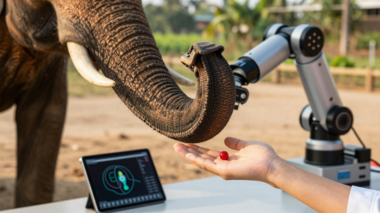 Elephant using trunk to take a red berry from a person’s hand with a tablet and robotic arm nearby outdoors.