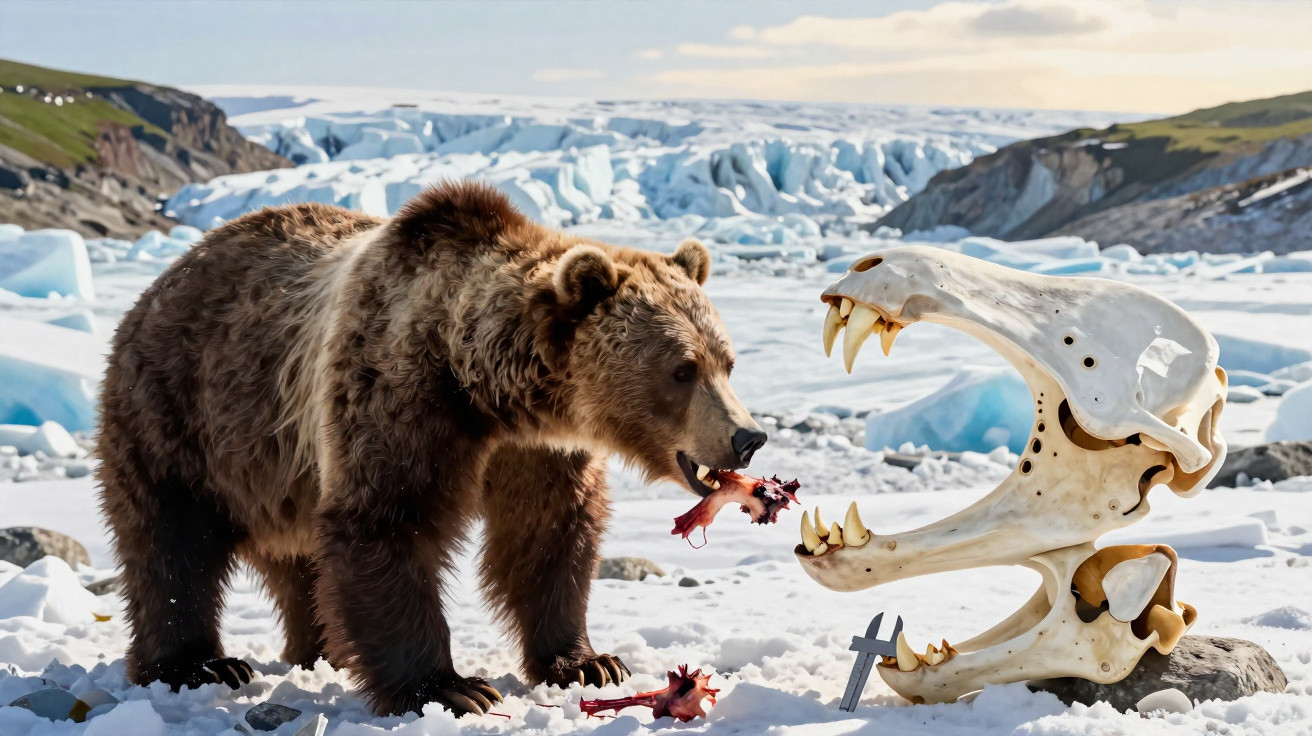 Brown bear holding a piece of meat near a large animal skull sculpture in a snowy icy landscape.