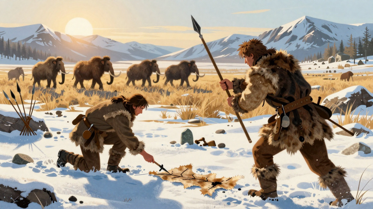 Two prehistoric hunters in fur clothing tracking mammoths across a snowy landscape at sunrise.
