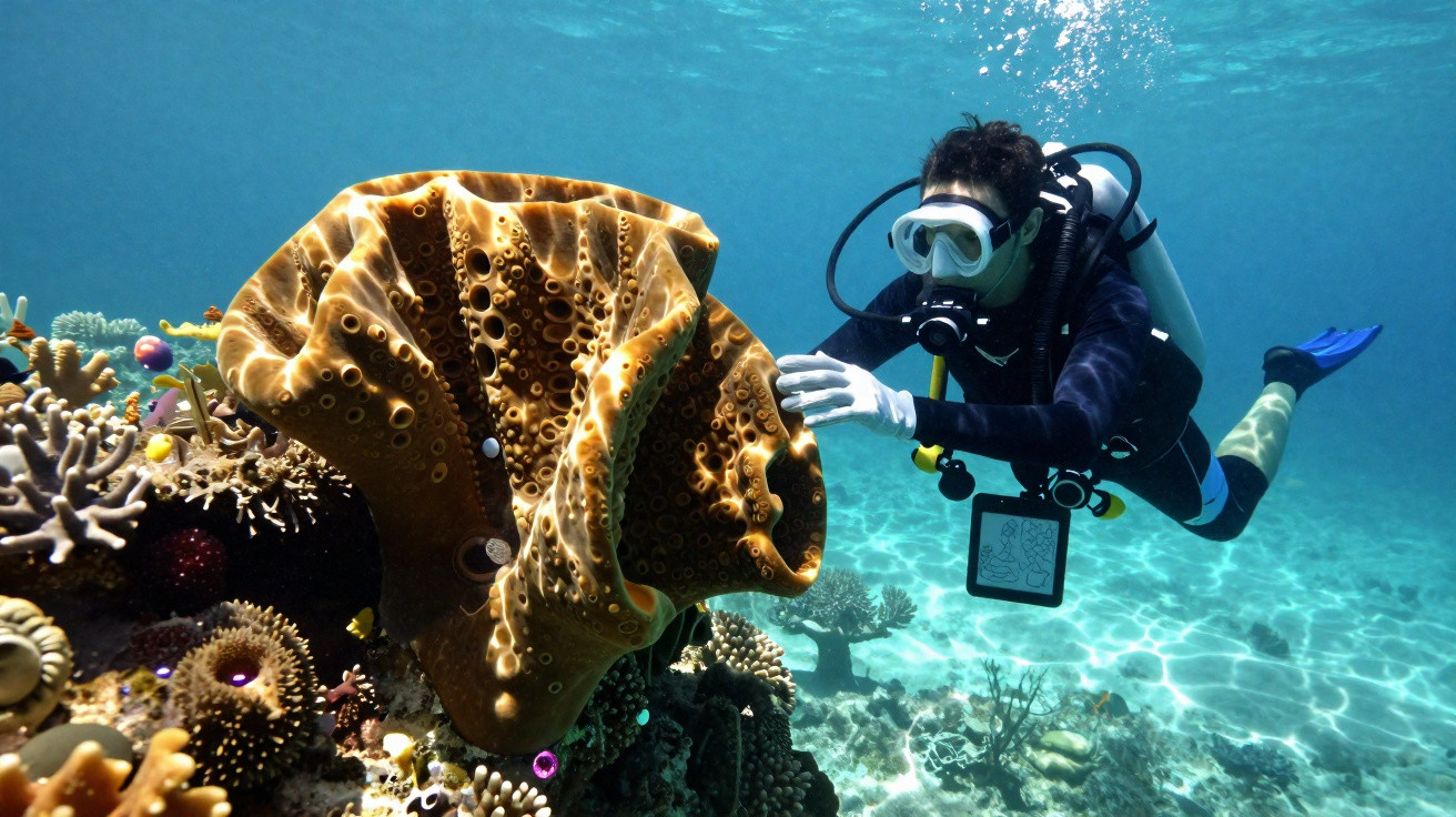 Scuba diver examining large barrel sponge and coral reef underwater in clear blue ocean water.