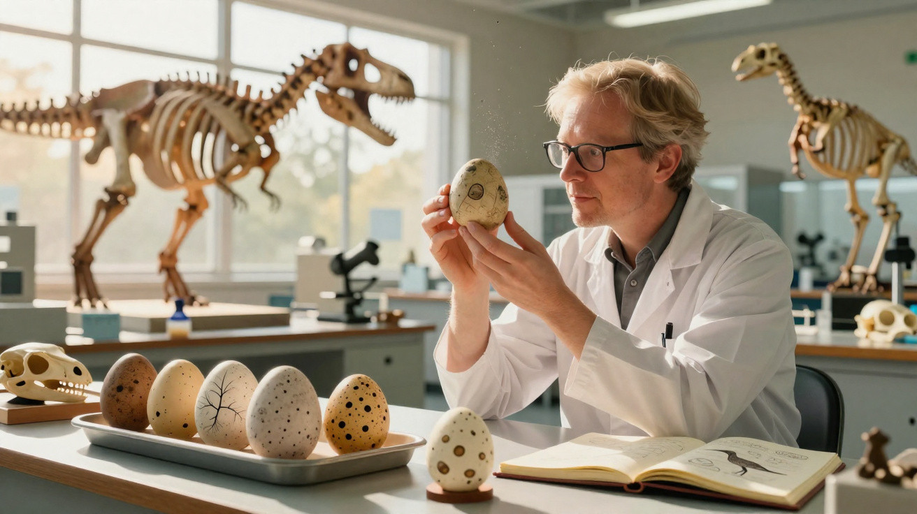 Scientist in lab coat examining a large spotted dinosaur egg model with skeletons in the background.