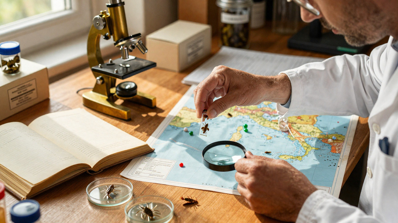 Researcher examining insects with a magnifying glass on a map and microscope in a study room.