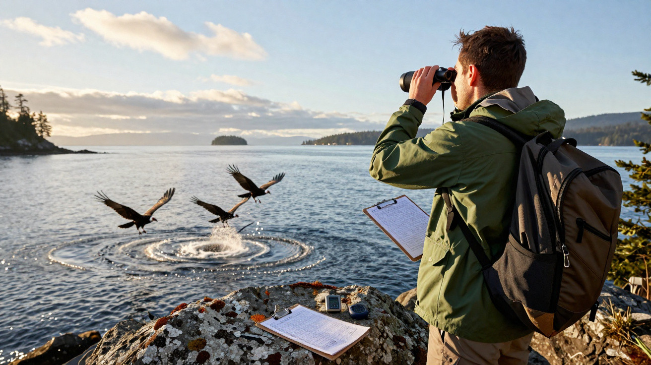 Person with binoculars observing three bald eagles taking off from the water by a rocky shore.
