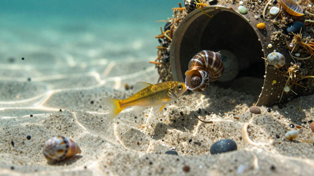 Small fish swimming near a ceramic pot on the sandy sea floor with various seashells and rocks.