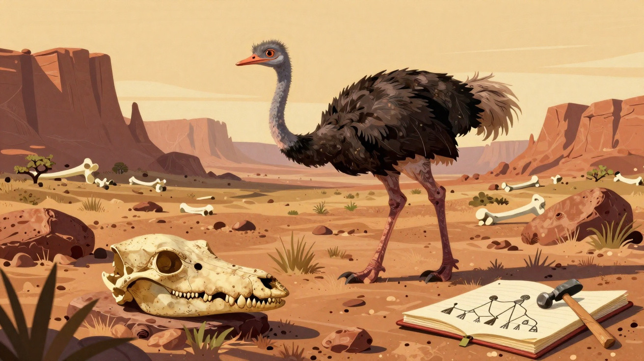 Ostrich standing in a desert landscape with animal skulls, bones, and an open notebook with a hammer.