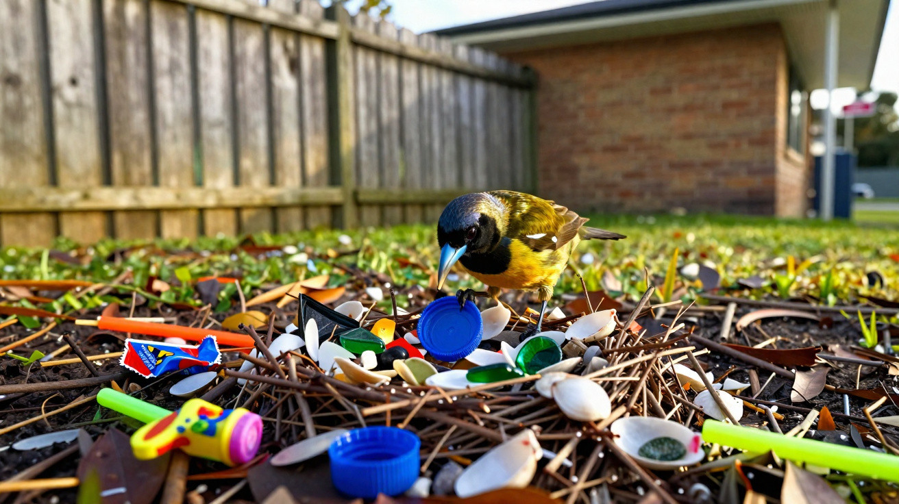 A small bird perched on a nest made of twigs, scattered with plastic bottle caps and other litter.