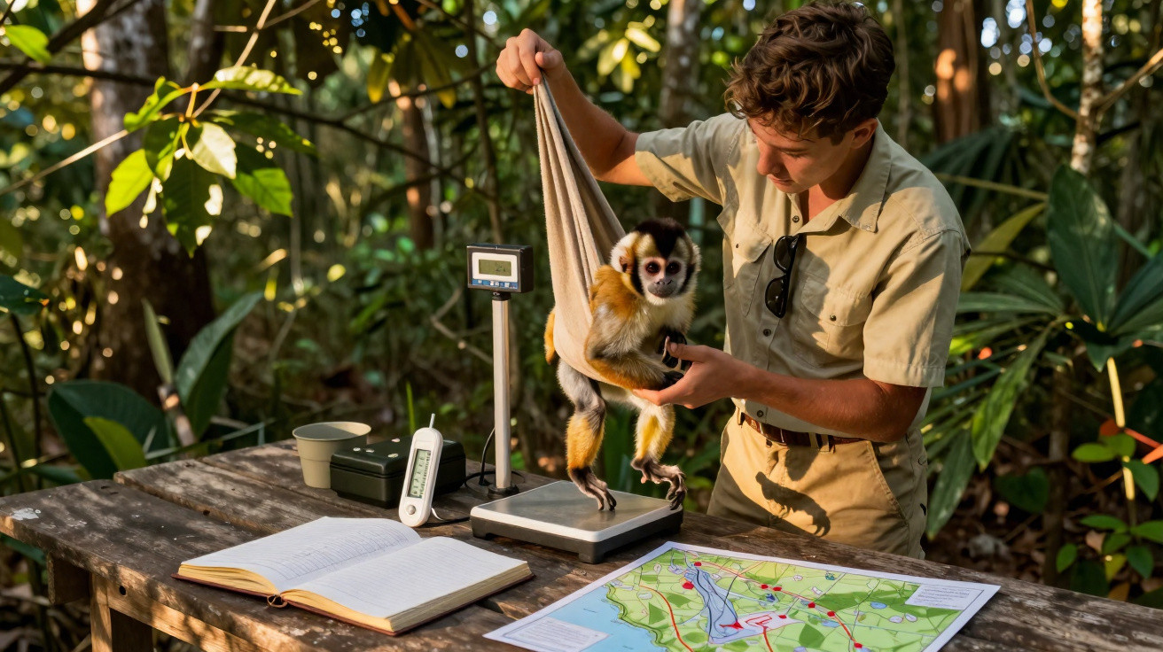 Researcher weighing a small monkey using a fabric sling in a forest setting with scientific equipment on a wooden table.