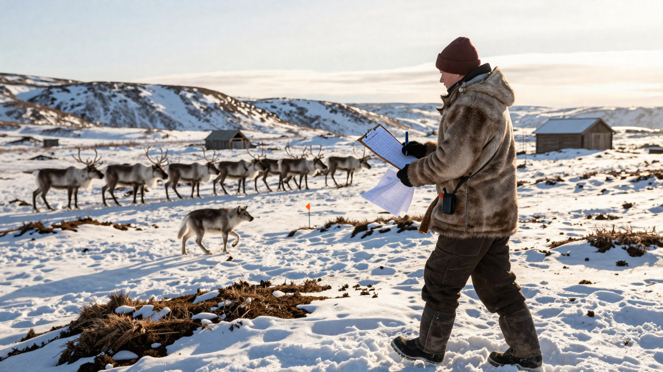 Person in winter clothing writing on clipboard in snowy landscape with reindeer and dog nearby