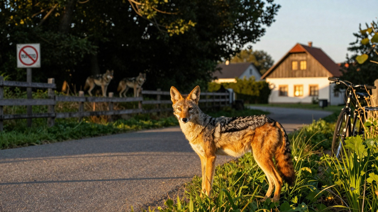 A lone jackal standing on the roadside with a wooden fence, two other jackals in the background, and houses nearby.